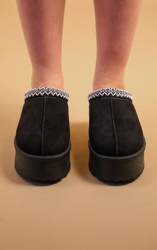 Talliah Suede Embroidered Chunky Platform Slippers Shoes - Black