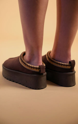 Talliah Suede Embroidered Chunky Platform Slippers Shoes - Chocolate Brown