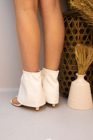 White Ankle Fold Over Shark Toe Thong Strap Faux Leather Boots