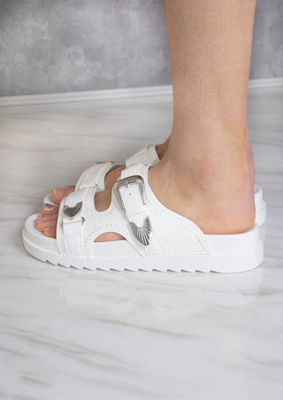 White Chunky Silver Buckle Slider Sandal