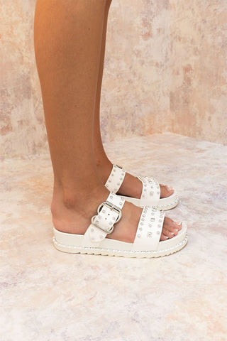 White Chunky Studded Buckle Sandals