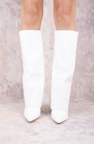 White Faux Leather Fold Over Shark Classic Knee High Boot