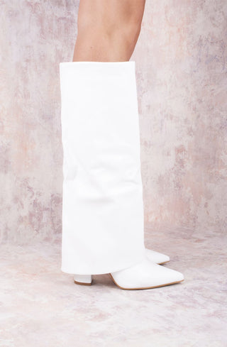 White Faux Leather Fold Over Shark Classic Knee High Boot