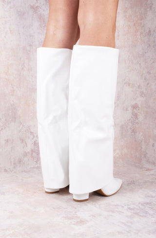 White Faux Leather Fold Over Shark Classic Knee High Boot