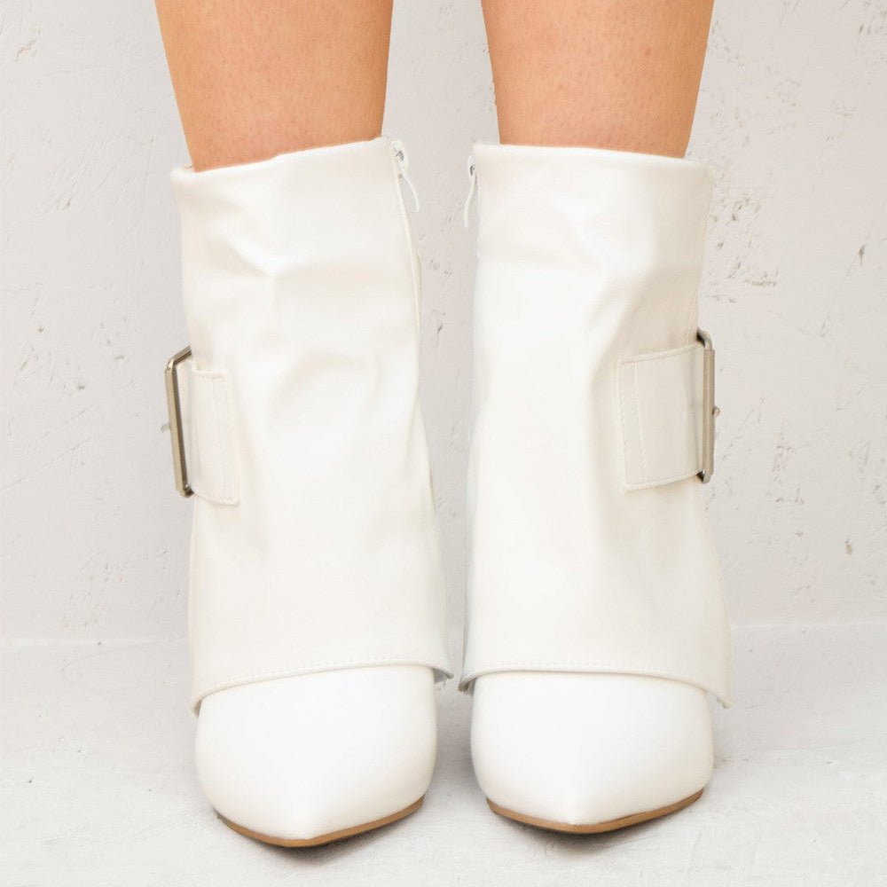 
                      
                        White Leather Fold Over Buckle Strap Design Shark Ankle Boot
                      
                    