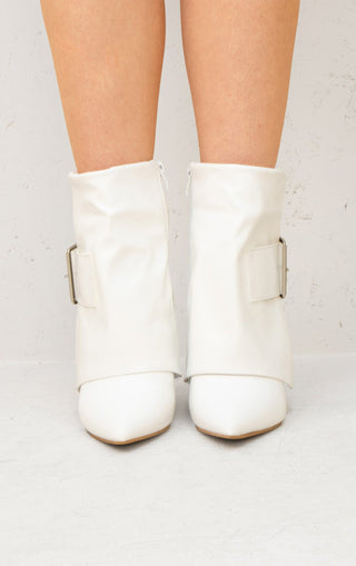 White Leather Fold Over Buckle Strap Design Shark Ankle Boot