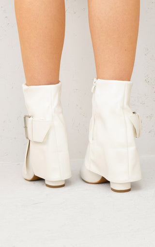 White Leather Fold Over Buckle Strap Design Shark Ankle Boot