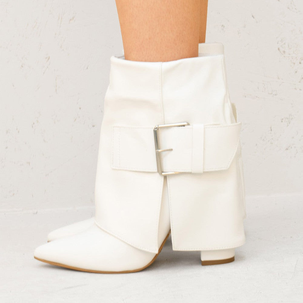 
                      
                        White Leather Fold Over Buckle Strap Design Shark Ankle Boot
                      
                    