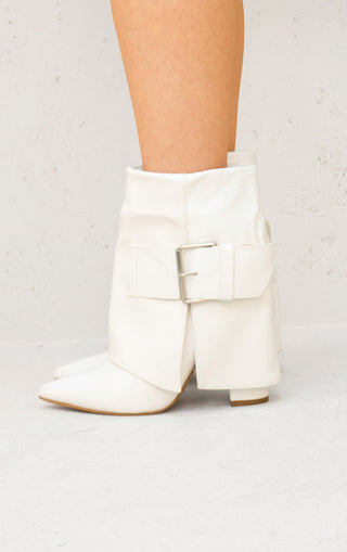 White Leather Fold Over Buckle Strap Design Shark Ankle Boot