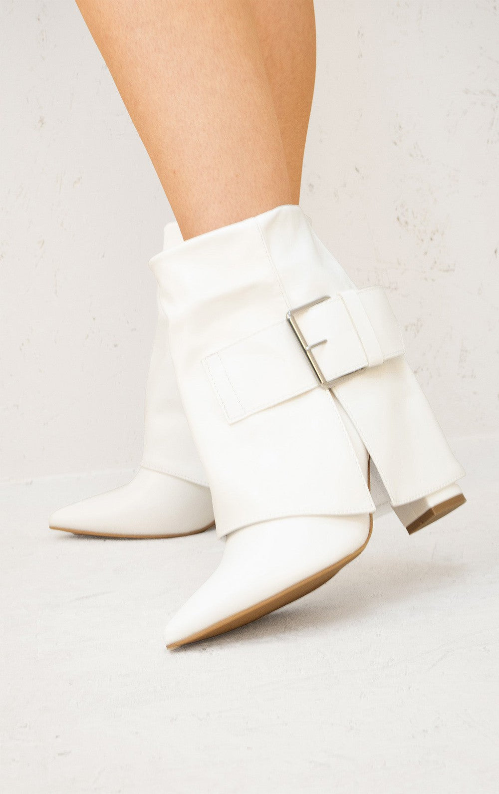 White Leather Fold Over Buckle Strap Design Shark Ankle Boot