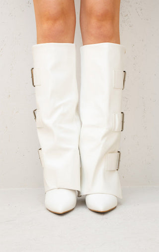 White Leather Fold Over Buckle Strap Design Shark Knee High Boot