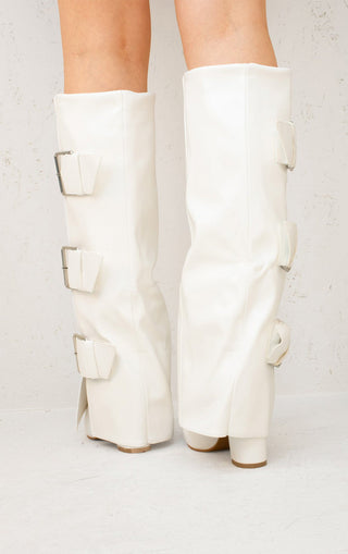 White Leather Fold Over Buckle Strap Design Shark Knee High Boot