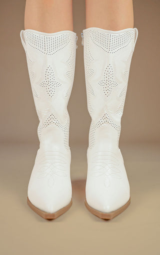 White Mesh Pattern Detail Mid Calf Faux Leather Cowboy Boots