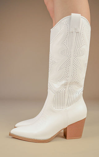 White Mesh Pattern Detail Mid Calf Faux Leather Cowboy Boots