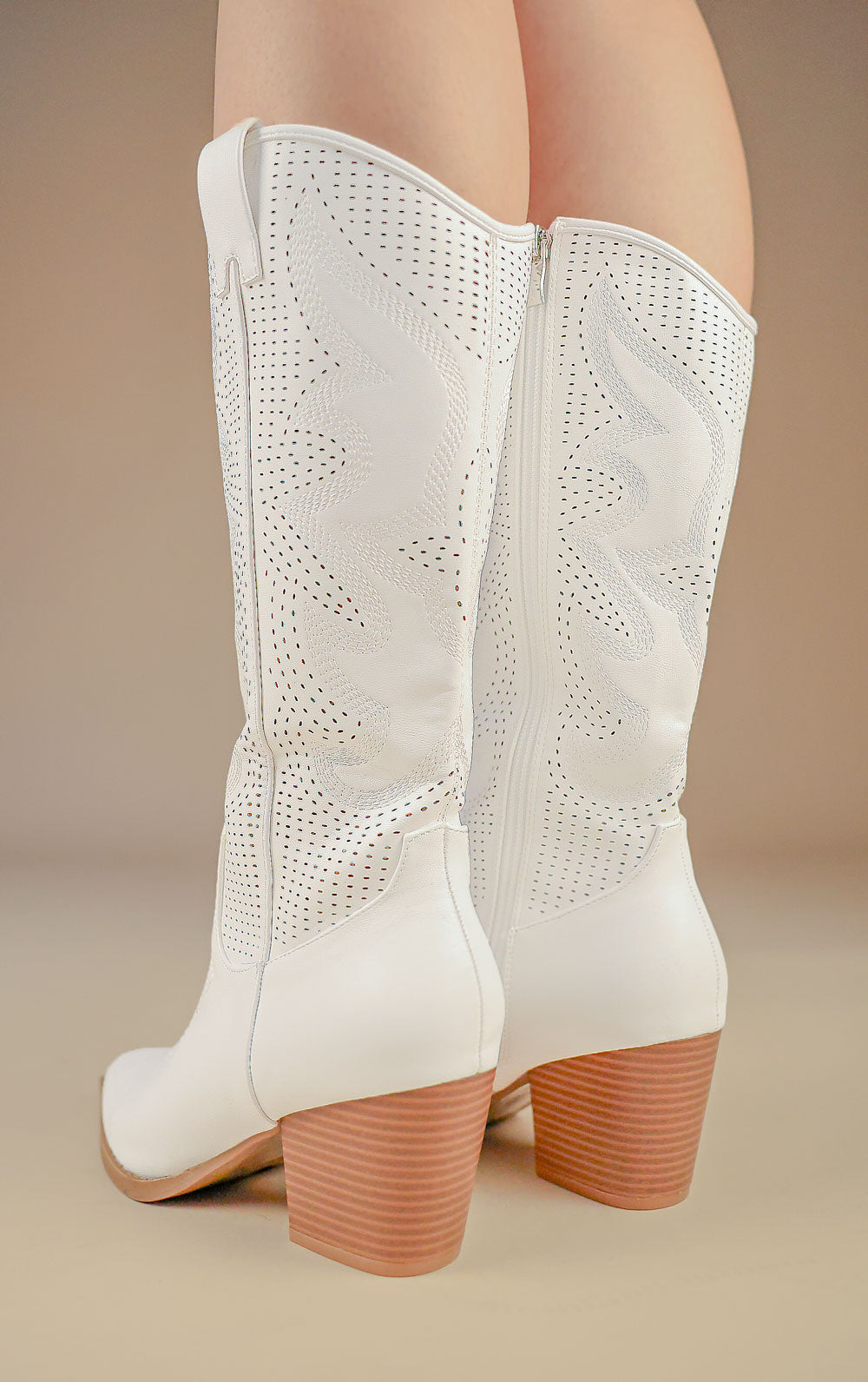Womens White Mesh Pattern Detail Mid Calf Faux Leather Cowboy