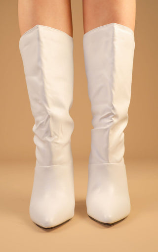 White PU Leather Stiletto Heel Mid Calf Boots