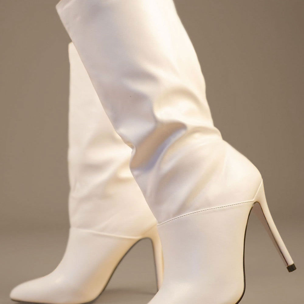 White PU Leather Mid Calf High Stiletto Heel Boots