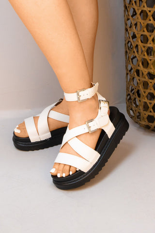 White Platform Buckle Strap Gladiator Strappy Sandal