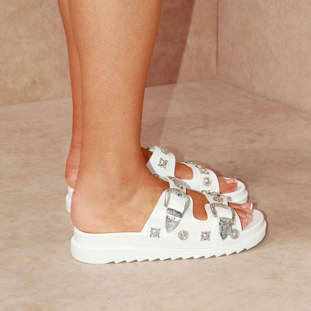 
                      
                        White Studded Western Buckle Slides
                      
                    