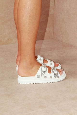 White Studded Western Buckle Slides