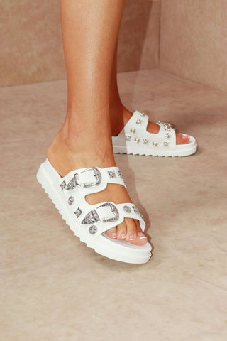 White Studded Western Buckle Slides