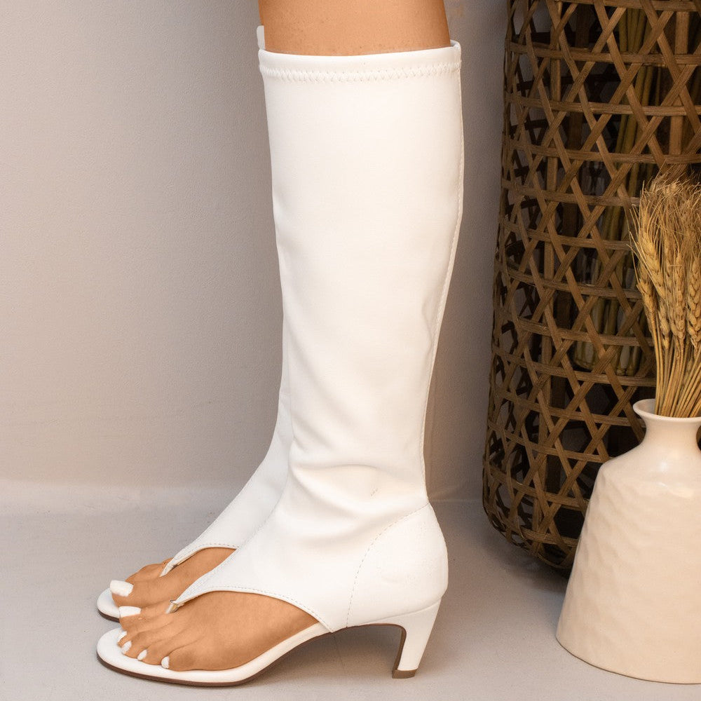 
                      
                        White Toe Thong Strap Faux Leather Boots
                      
                    