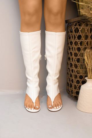 White Toe Thong Strap Faux Leather Boots