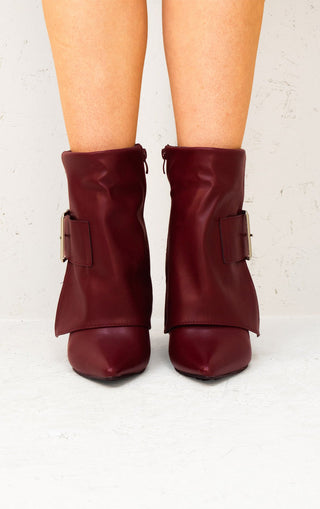 Wine Leather Fold Over Buckle Strap Design Shark Ankle Boot