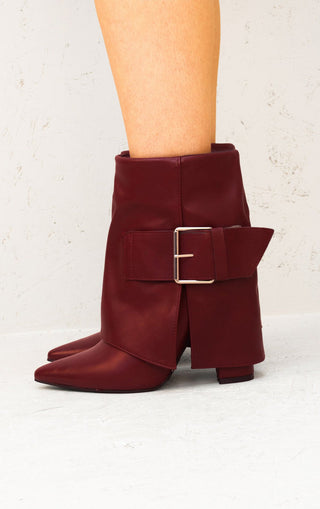 Wine Leather Fold Over Buckle Strap Design Shark Ankle Boot