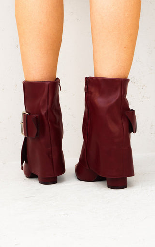 Wine Leather Fold Over Buckle Strap Design Shark Ankle Boot