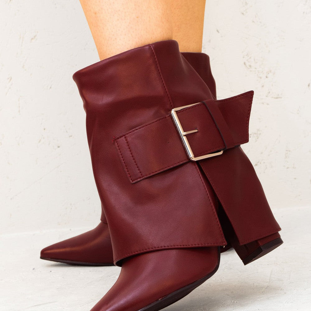 Wine Leather Fold Over Buckle Strap Design Shark Ankle Boot