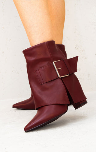 Wine Leather Fold Over Buckle Strap Design Shark Ankle Boot