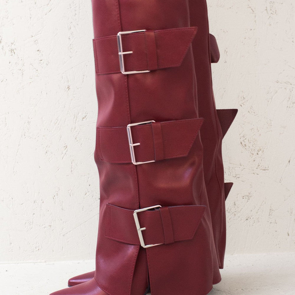 
                      
                        Wine Leather Fold Over Buckle Strap Design Shark Knee High Boot
                      
                    