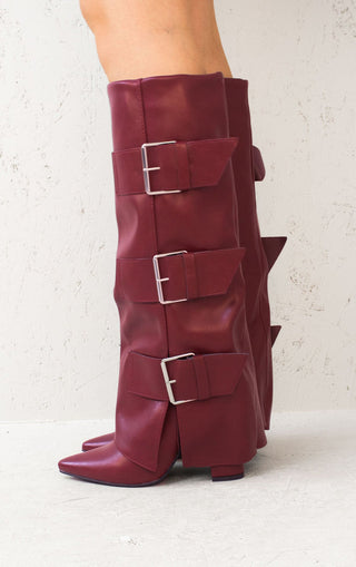 Wine Leather Fold Over Buckle Strap Design Shark Knee High Boot