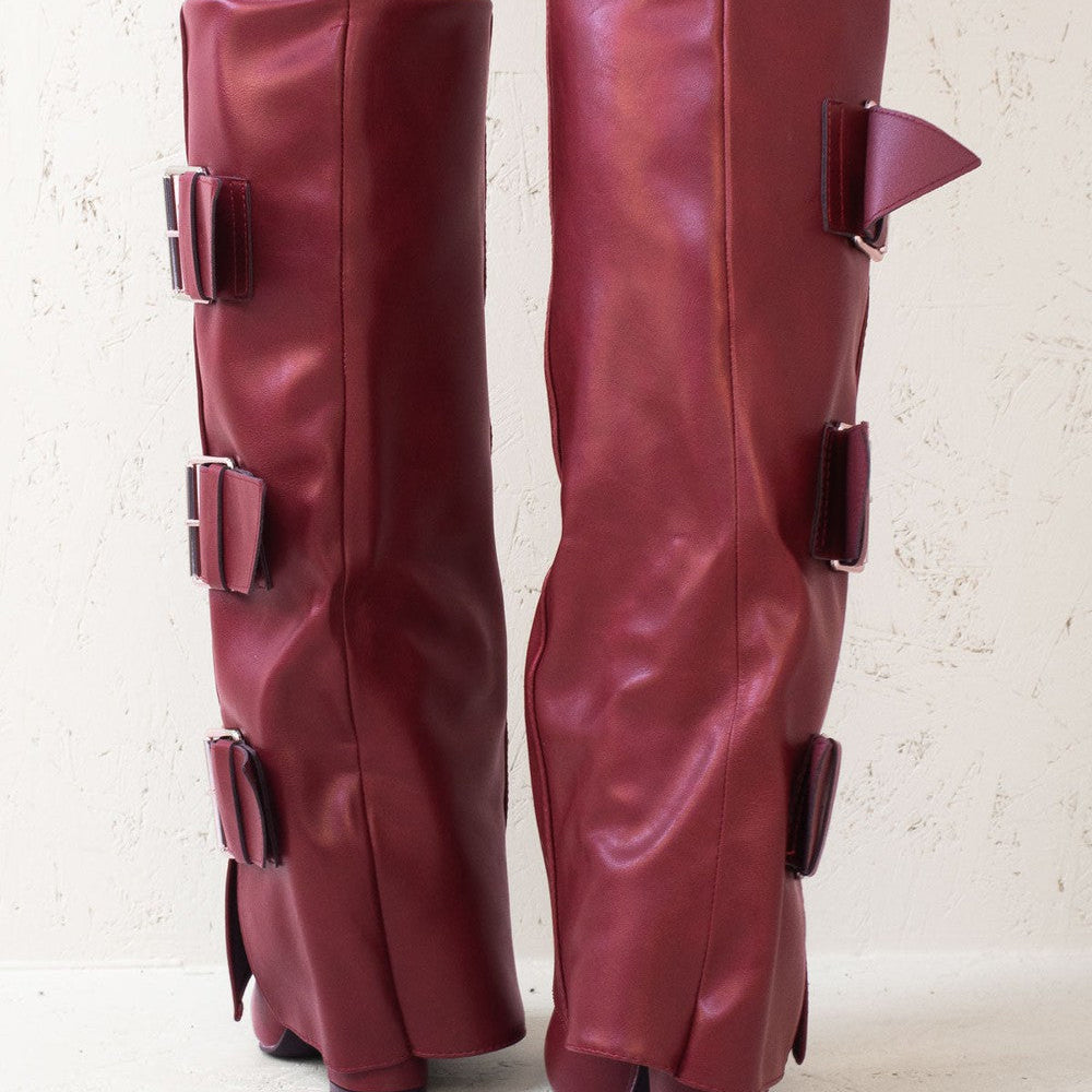 
                      
                        Wine Leather Fold Over Buckle Strap Design Shark Knee High Boot
                      
                    