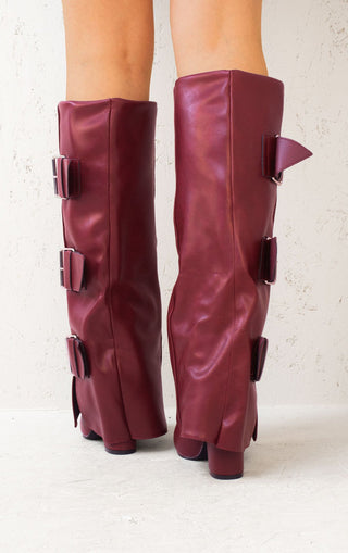 Wine Leather Fold Over Buckle Strap Design Shark Knee High Boot