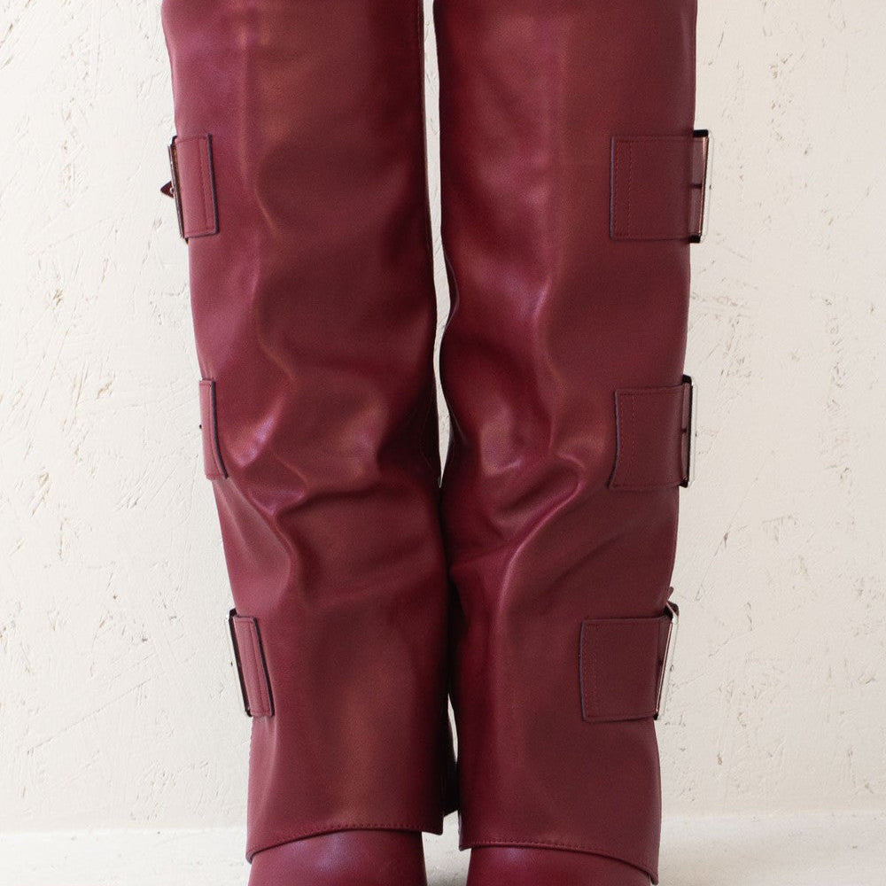 
                      
                        Wine Leather Fold Over Buckle Strap Design Shark Knee High Boot
                      
                    