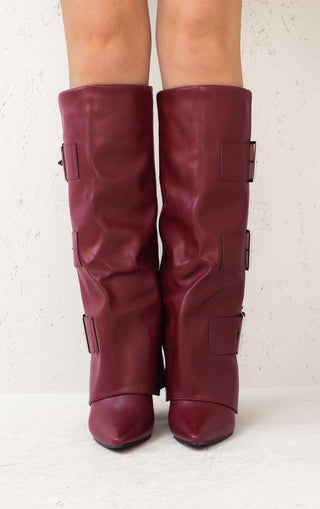 Wine Leather Fold Over Buckle Strap Design Shark Knee High Boot