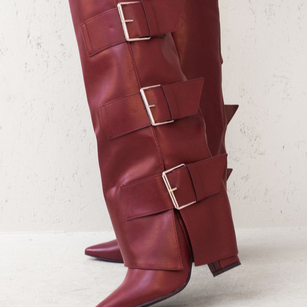 Wine Leather Fold Over Buckle Strap Design Shark Knee High Boot