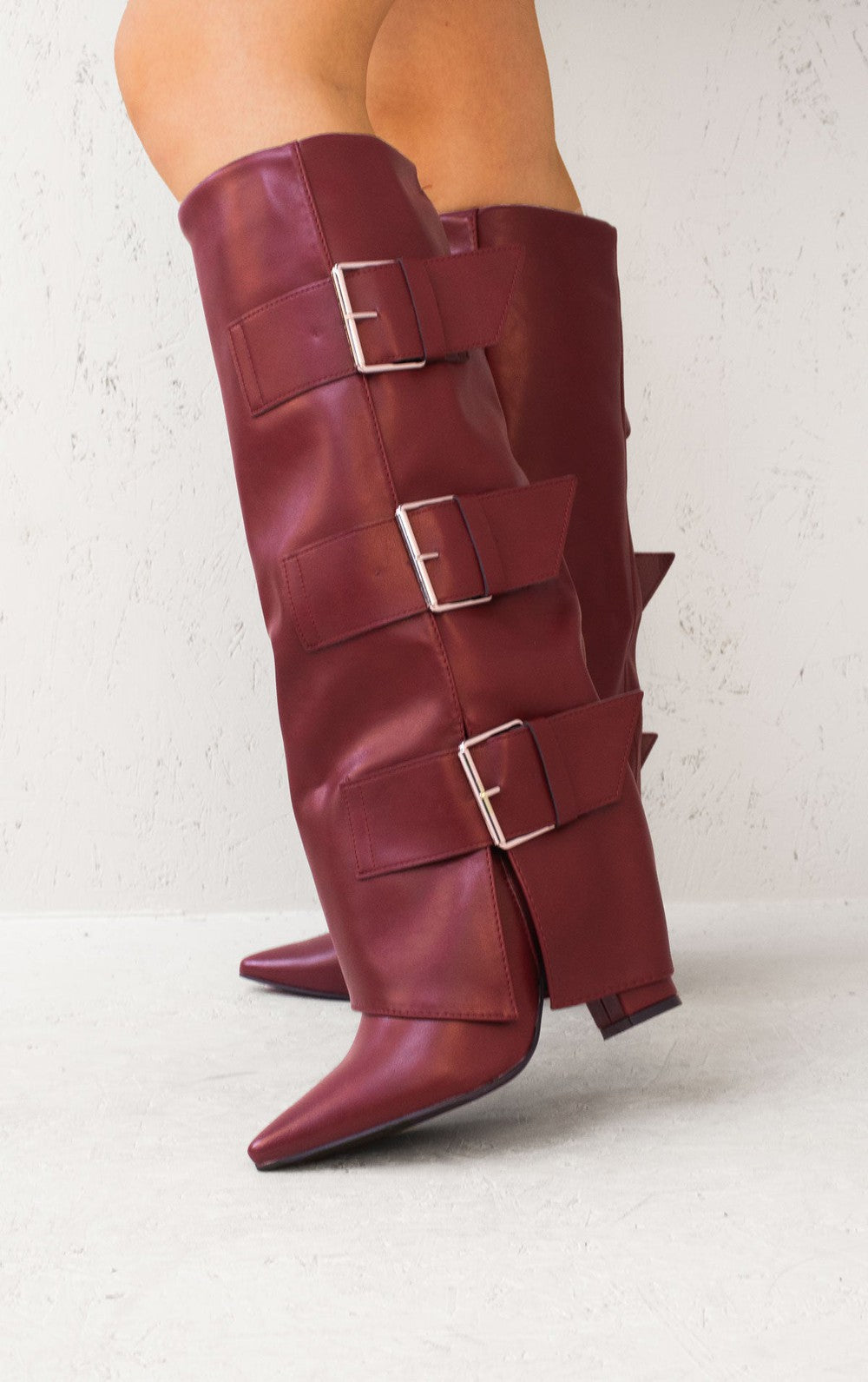 Wine Leather Fold Over Buckle Strap Design Shark Knee High Boot