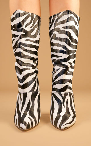 Zebra PU Leather Stiletto Heel Mid Calf Boots