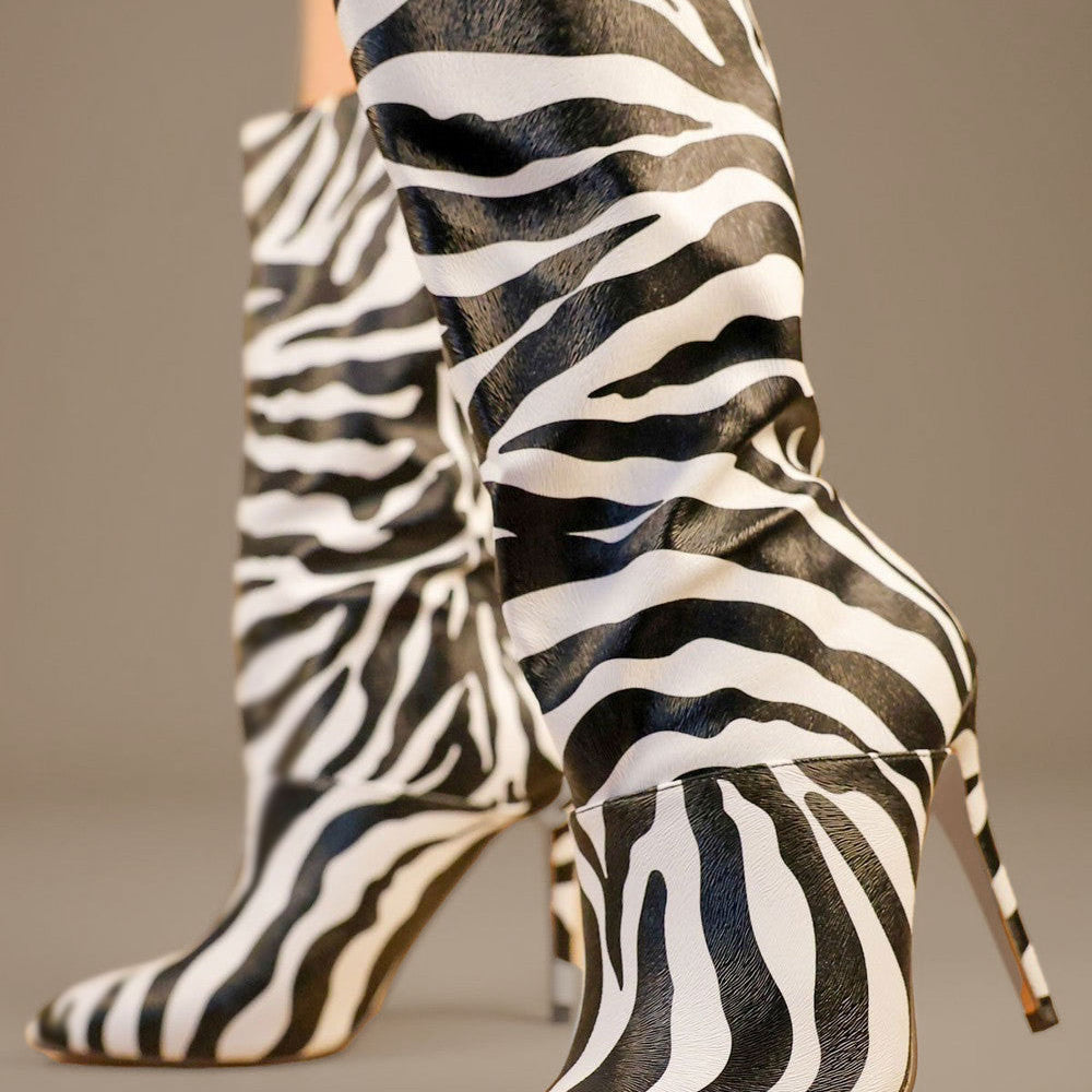 Zebra Printed PU Leather Mid Calf High Stiletto Heel Boots