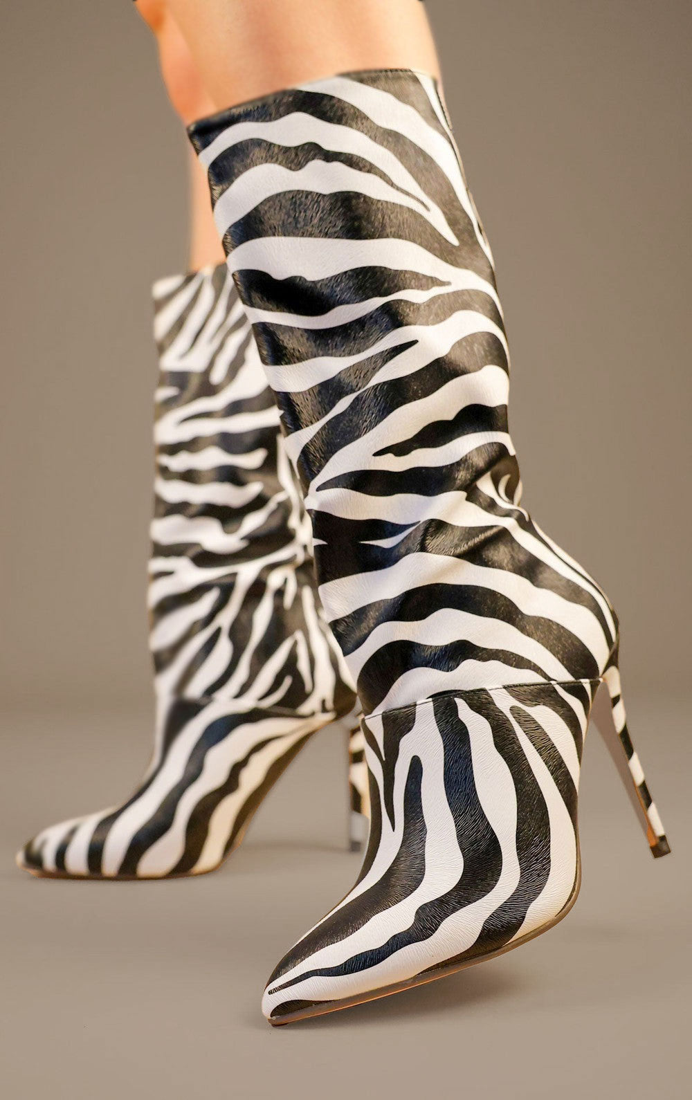 Zebra Printed PU Leather Mid Calf High Stiletto Heel Boots