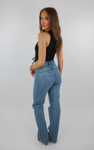 Blue Denim Diamante Embellished Straight Leg Jeans