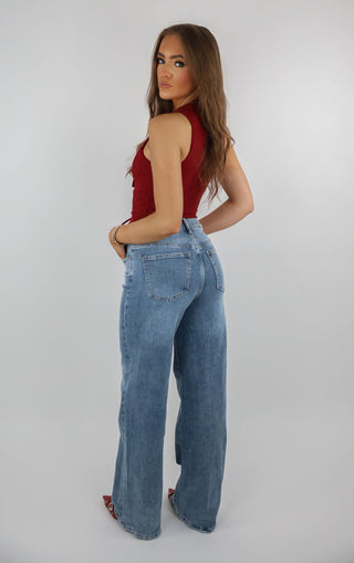 Blue Denim Stretchy Straight Leg Jeans