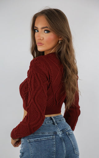 Burgundy Cropped Cable Knit Chunky Jumper