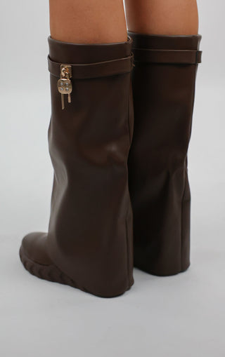 Brown Wedge PU Leather Fold Over Shark Lock Detail Knee High Boot