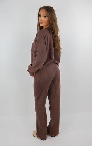 Brown Acid Washed Effect Zip Bomber & Joggers Loungewear Co-ord Set