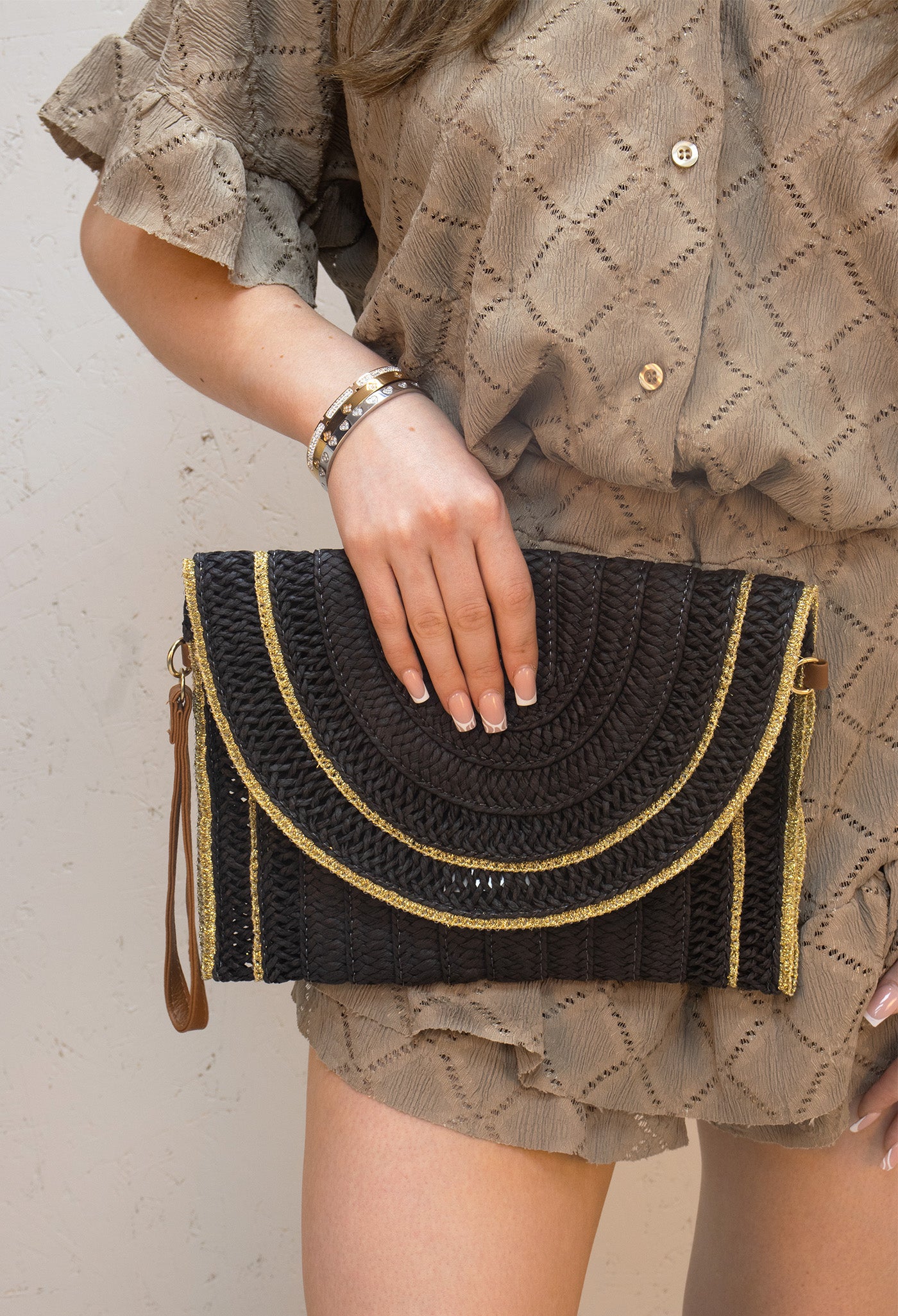 Summer Woven Straw Black and Gold Detailed Bag