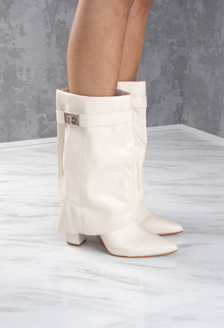 Cream Faux Leather Fold Over Buckle Shark Boot Mid